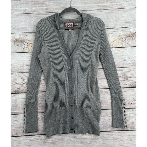 Juicy Couture Sweaters - Juicy Couture Hooded Cardigan Sweater Women's Large Gray Rib Knit Metal Buttons